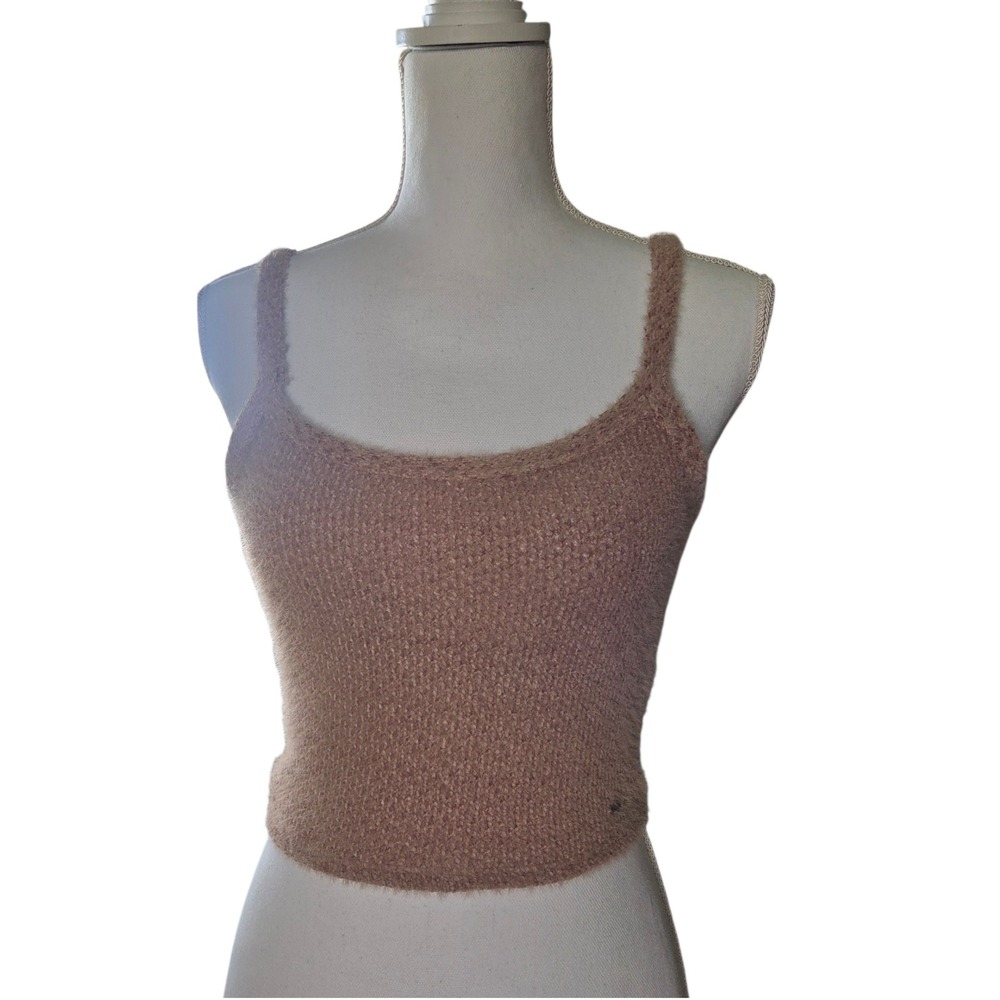 Hollister Cozy Eyelash Knit Cropped Tank Top Tan Brown Cami Soft Sweater Size XS